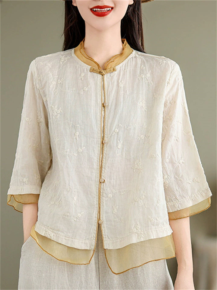 Women's Summer Retro Chinese Style Holiday Embroidery Half Sleeve Shirts
