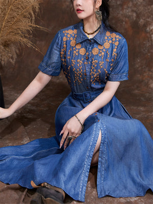 Women's Orange Leaf Embroidery Lapel Button Blue Denim Dress