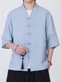 Men's Casual Simple Zen Style V Neck Frog Button Short Sleeve Shirts