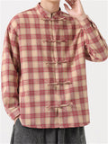 Chinese Style Cotton Plaid Stand Collar Long Sleeve Shirts for Men