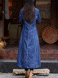 Women's Long V Neck Retro Embroidery Denim Cardigan Coat