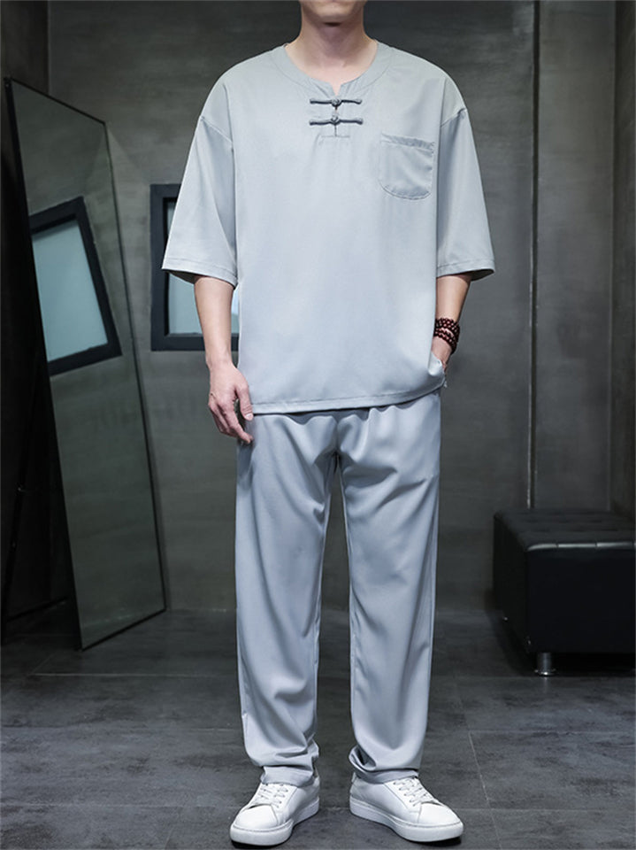 Men's 2Pcs Cool Casual Quarter Button Round Neck TangSuit Outfits