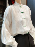 Chinese Style White Jacquard Lantern Sleeve Shirt for Women