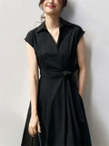 Female Summer French Style Cotton Short Sleeve Tie-Waist Midi Dress