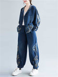 Women's 2Pcs Chinese Style Print Lapel Denim Top & Pants Set