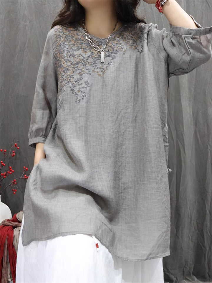 Women's Summer Retro Embroidery Loose Half Sleeve Shirts