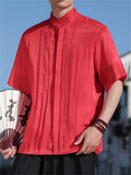 Men's Chinese Style Stand Collar Pleated Short Sleeve Shirts