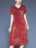 Summer Short Sleeve Casual V-neck Print A-Line Dress for Women