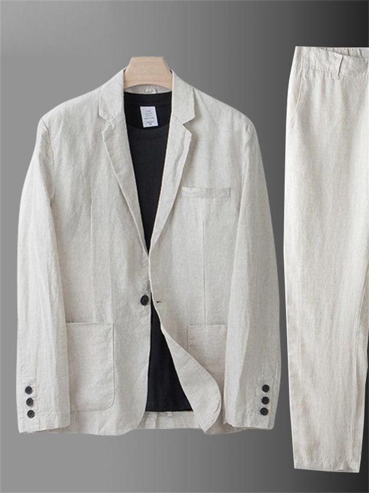 Men's 2Pcs Summer Single Breasted Pocket Lapel Solid Color Outfits