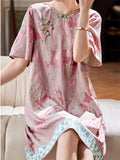 Women's Pink Jacquard O-neck Frog Buttons Short Sleeve Dress