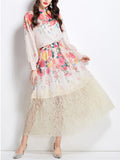 Women Two-piece Lantern Sleeve Shirt and Elastic High Waist Lace Skirt