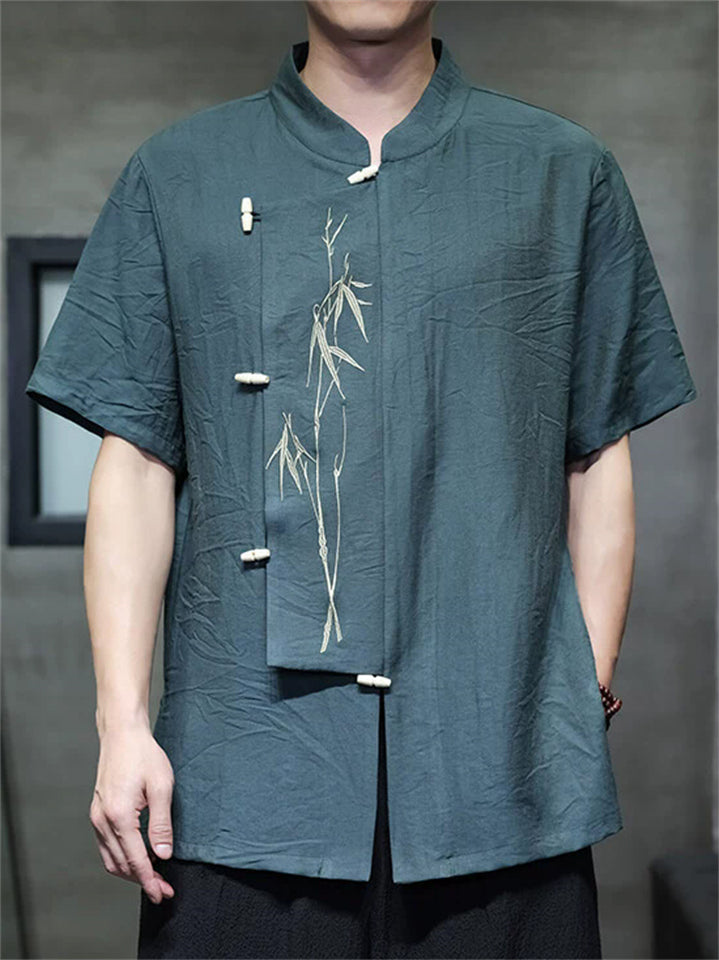 Men's Summer Chinese Style Bamboo Embroidery Mandarin Collar Shirts