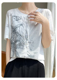 Summer Casual Print Round Neck Button Up T-Shirts for Women