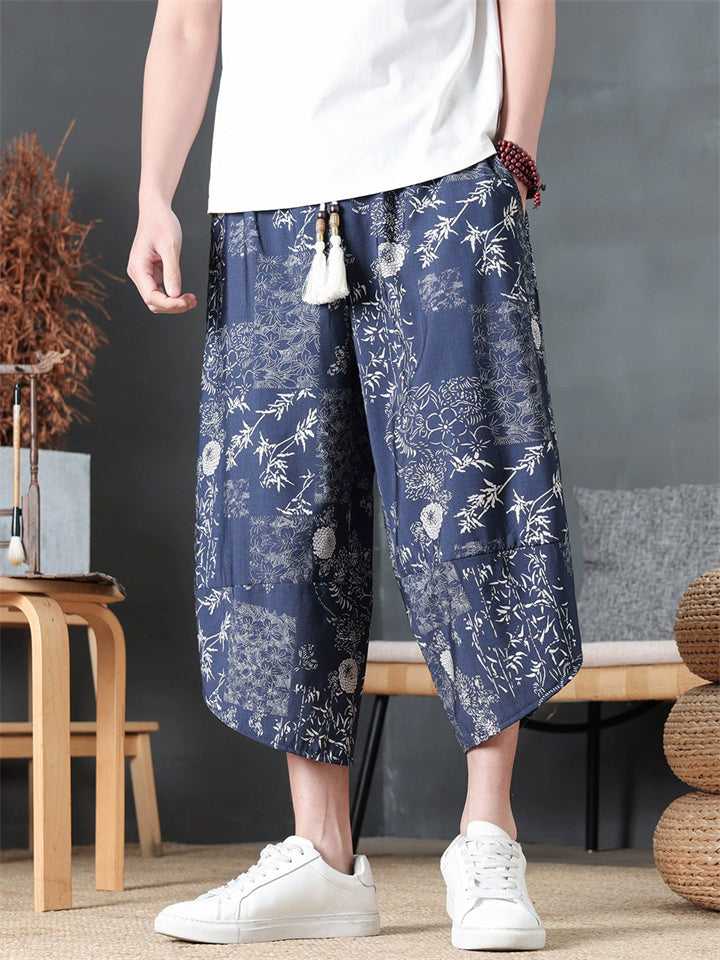 Mens Summer Floral Print Loose Wide Leg Capri Harem Pants