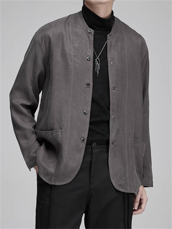 Men's Japanese Style Retro Tencel Solid Color Collarless Casual Suit Jackets