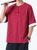 Men's Casual Chinese Style Print Round Collar Half Sleeve Shirt