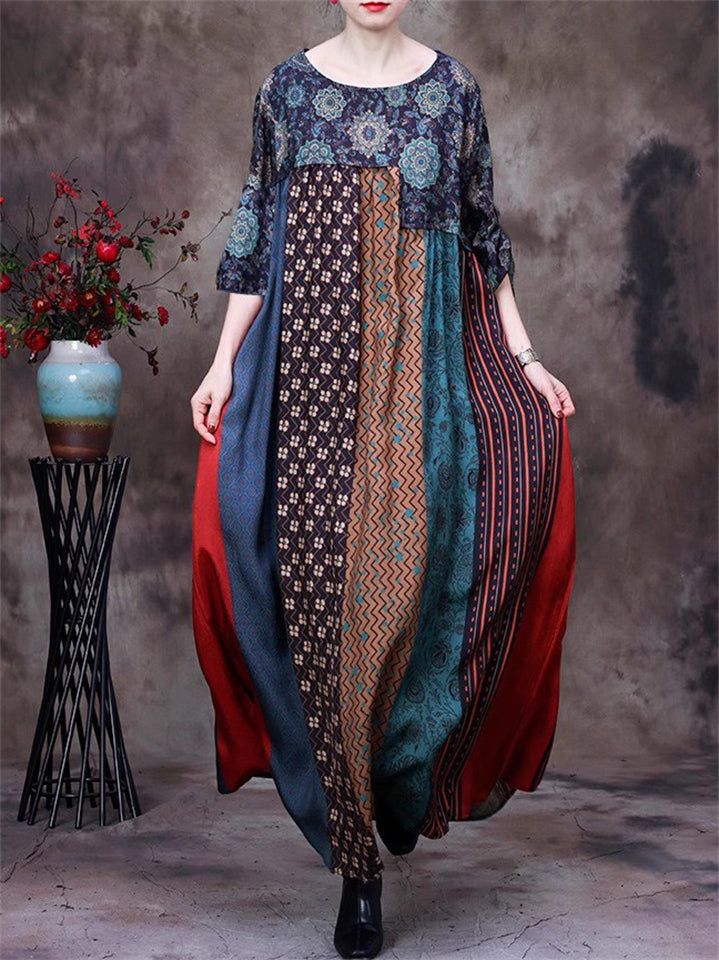 Women's Summer Printed Patchwork Half Sleeve Big Hem Maxi Dress