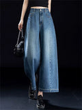 Women High Waist Seam Detail Wide Leg Jeans Baggy Denim