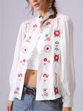 Women's White French Style Flowers Embroidery Ruffled Shirt