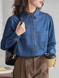 Dark Blue Vintage Autumn Temperament Denim Shirt for Women