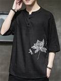Summer Men's Linen Lotus Embroidery Half Sleeve Shirts