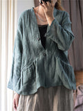 Women's Vintage V-Neck Loose Linen Texture Long Sleeve Shirts
