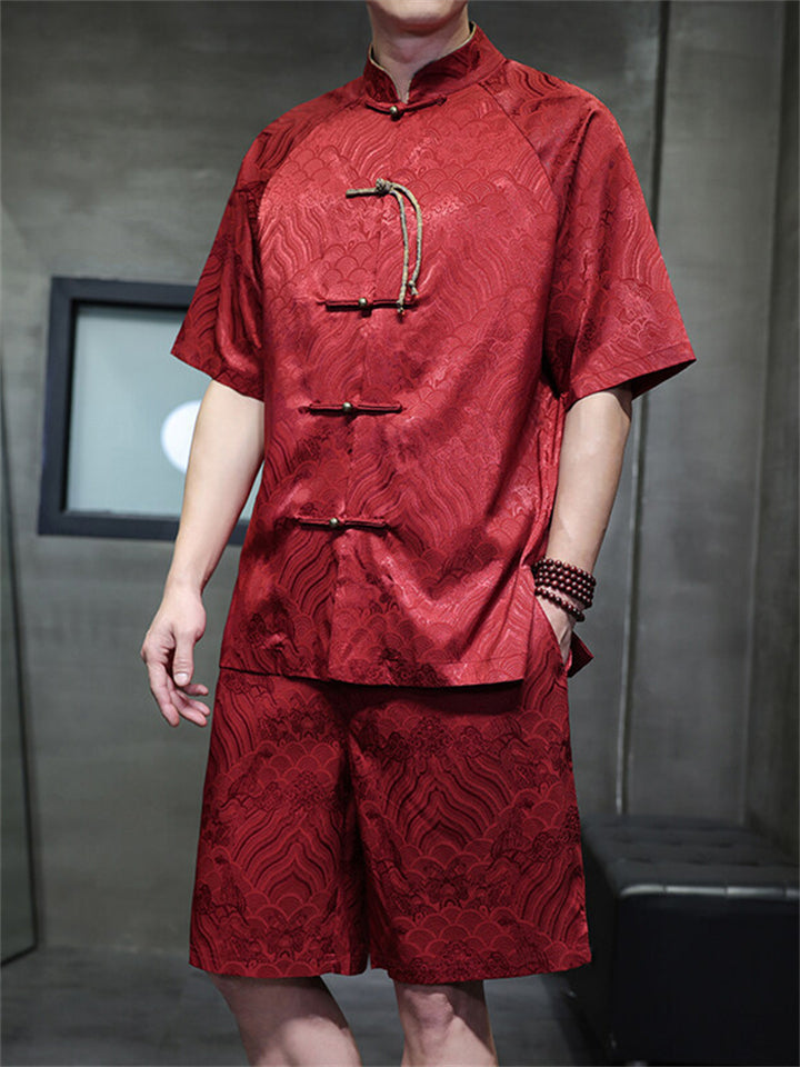 Men's 2Pcs Summer Jacquard Stand Collar Short Sleeve Solid Color Outfits