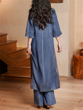 Women Ethnic Medium Long Sleeves Denim Cheongsam Style Top and Elastic Waist Pant Set