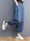 Women's Elastic Waist Wide Leg Cropped Jeans