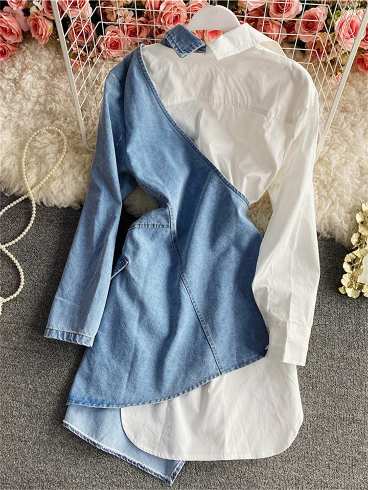 Women's Trendy Asymmetric Hem Denim Shirt Patchwork Dress