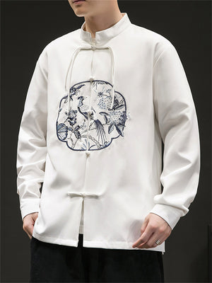 Autumn Winter Men's Retro Embroidered Stand Collar Shirts