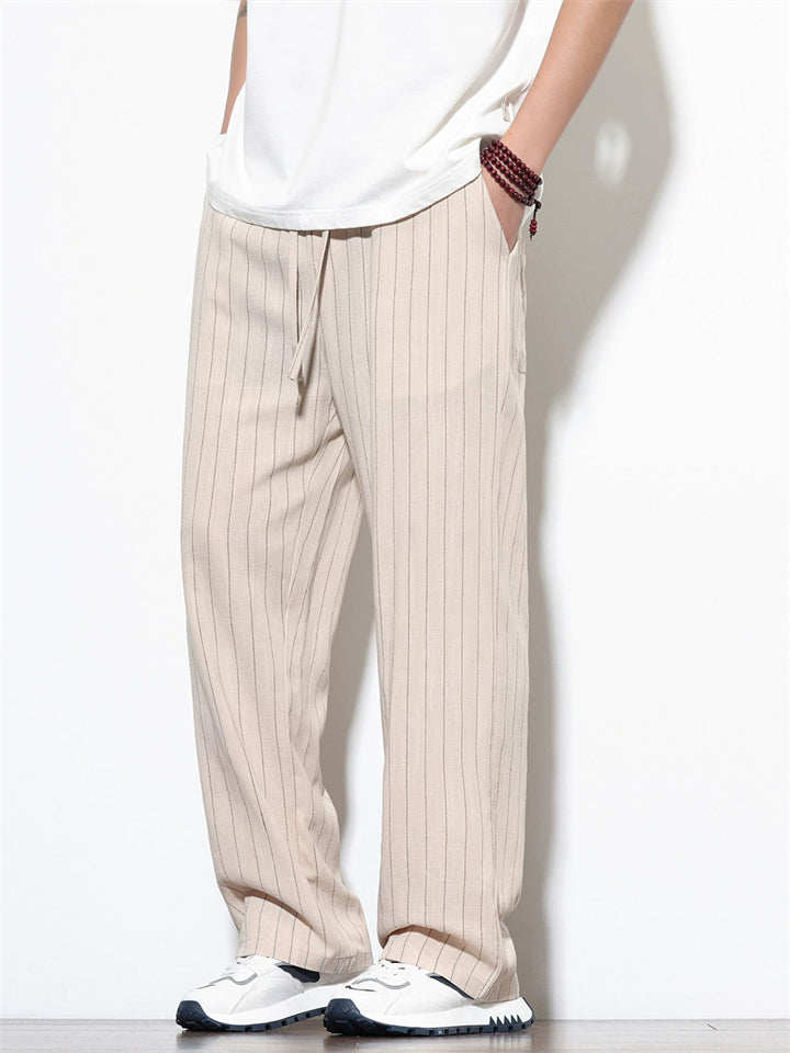 Mens Cotton Linen Striped Casual Beach Wear Wide Leg Pants