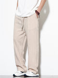 Mens Cotton Linen Striped Casual Beach Wear Wide Leg Pants