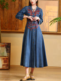 Women’s Autumn Elegant V-Neck Embroidery Denim Pleated Dress