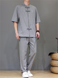 Men's 2Pcs Comfy Stand Collar Short Sleeve Solid Color TangSuit Outfits