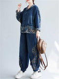 Women's 2Pcs Chinese Style Print Lapel Denim Top & Pants Set