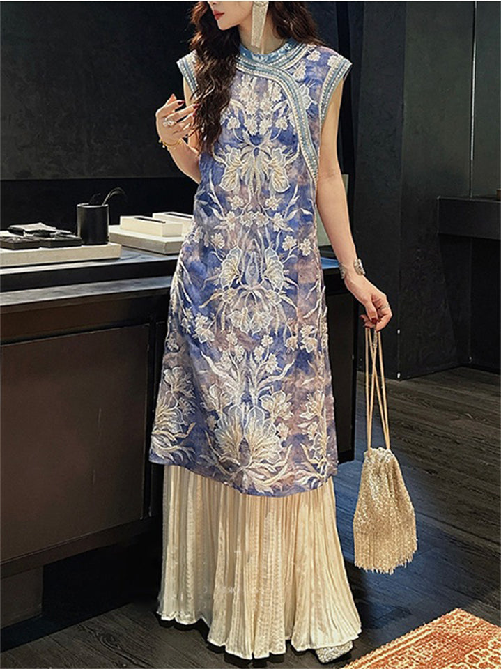 Women's Chinese Style Elegant Flowers Embroidered Patchwork Qipao Dress