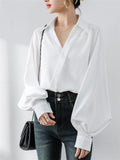 Women's Elegant Puff Long Sleeve V-Neck Shirts