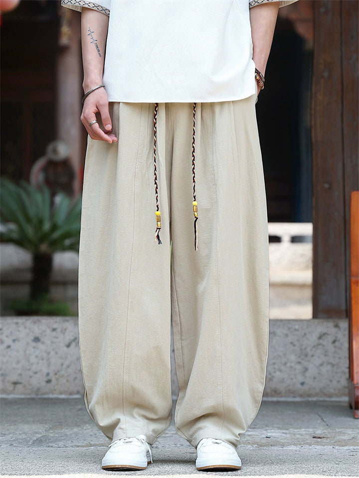 Mens Japanese Style Cotton Linen Loose Fit Drawstring Wide Leg Pants