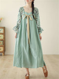 Chinese Style Vintage Print Patchwork Long Sleeve Dress for Women