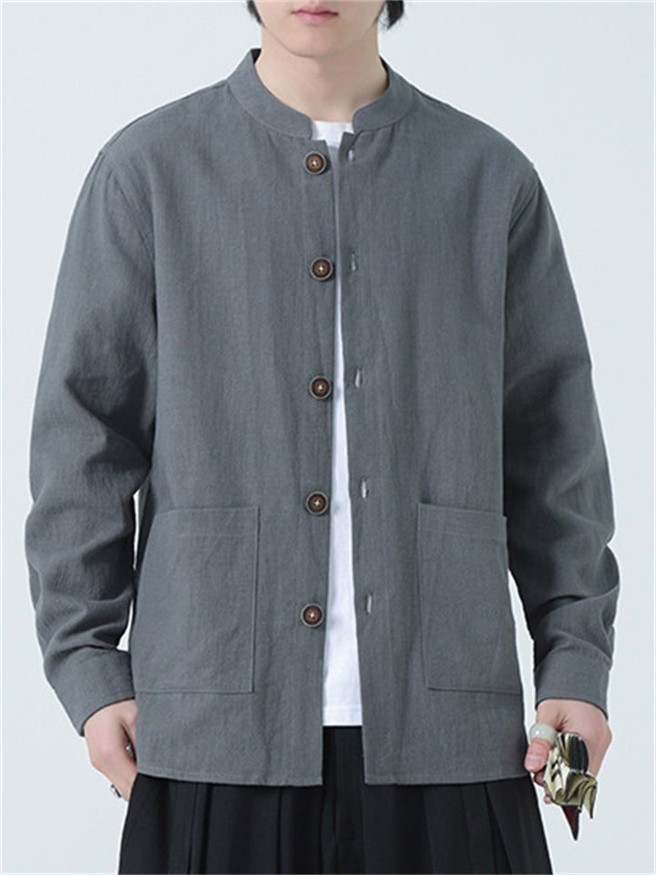 Men's Cotton Linen Mandarin Collar Casual Button Long Sleeve Outwear