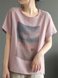 Summer Casual Cotton Linen Print  Short Sleeve T-shirt for Women