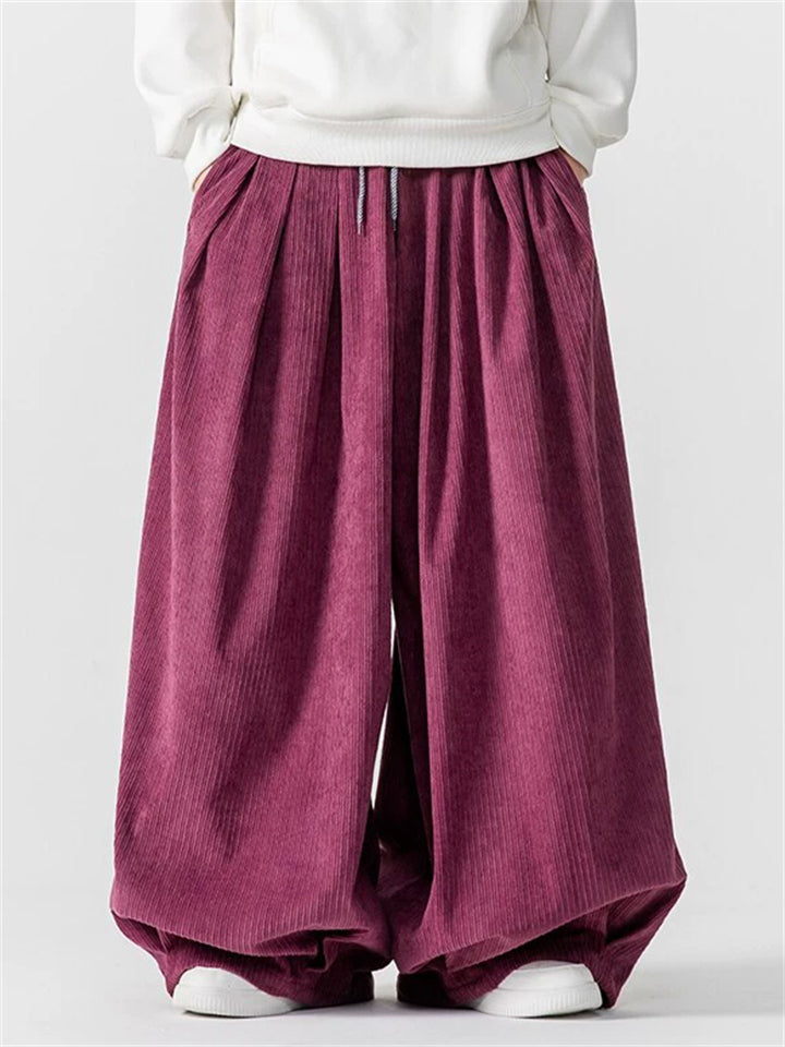 M‌en's Oversize Japanese Style Embroidered Corduroy Drawstring Baggy Pants
