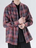 Men's Japanese Style Causal Collarless Loose Long Sleeve Plaid Shirts