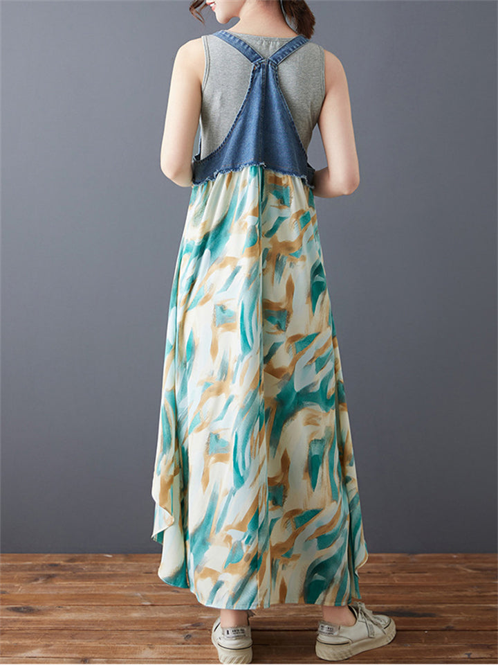 Women's Printed Denim Chiffon Patchwork Big Hem Dress