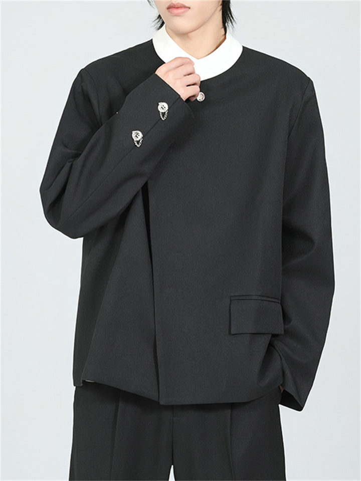 Men's Chinese Style Black Contrast Collar Long Sleeve Suit Jackets