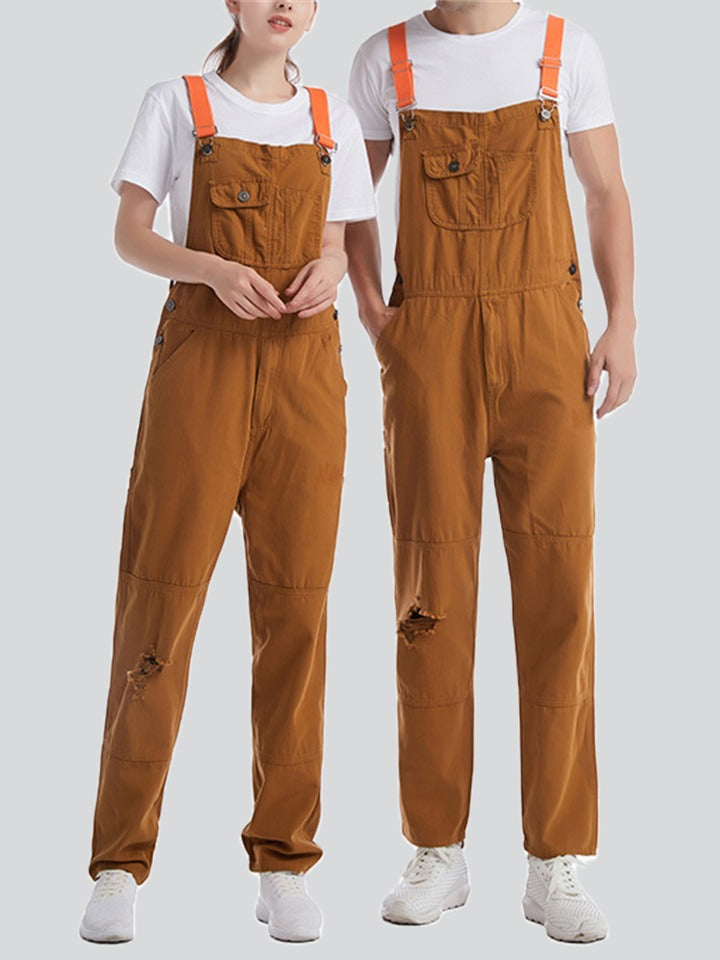 Khaki Multi-Pocket Couple Denim Overalls