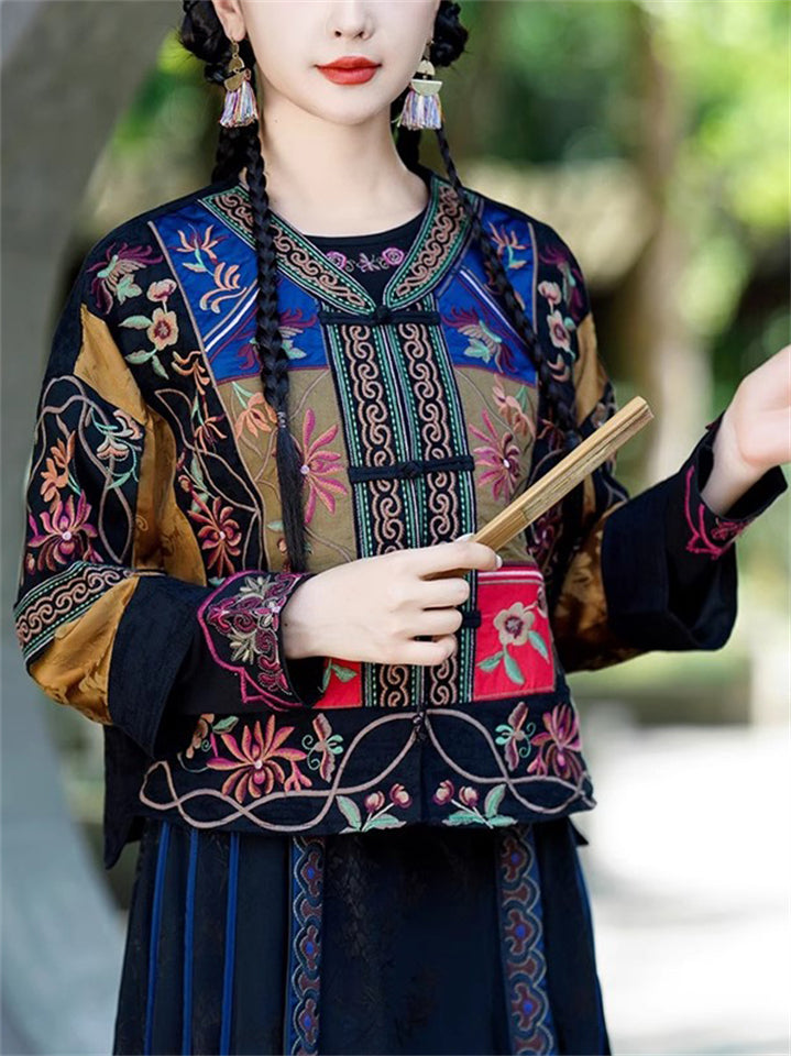 Women's Ethnic Style Patchwork Flowers Embroidered Frog Button Jacket
