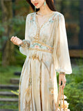 Women's Elegant Mulberry Silk Print V-Neck Holiday Maxi Dresses