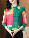 Female's One Size Elegant Striped Contrast Color Lapel 3/4 Sleeve Shirts